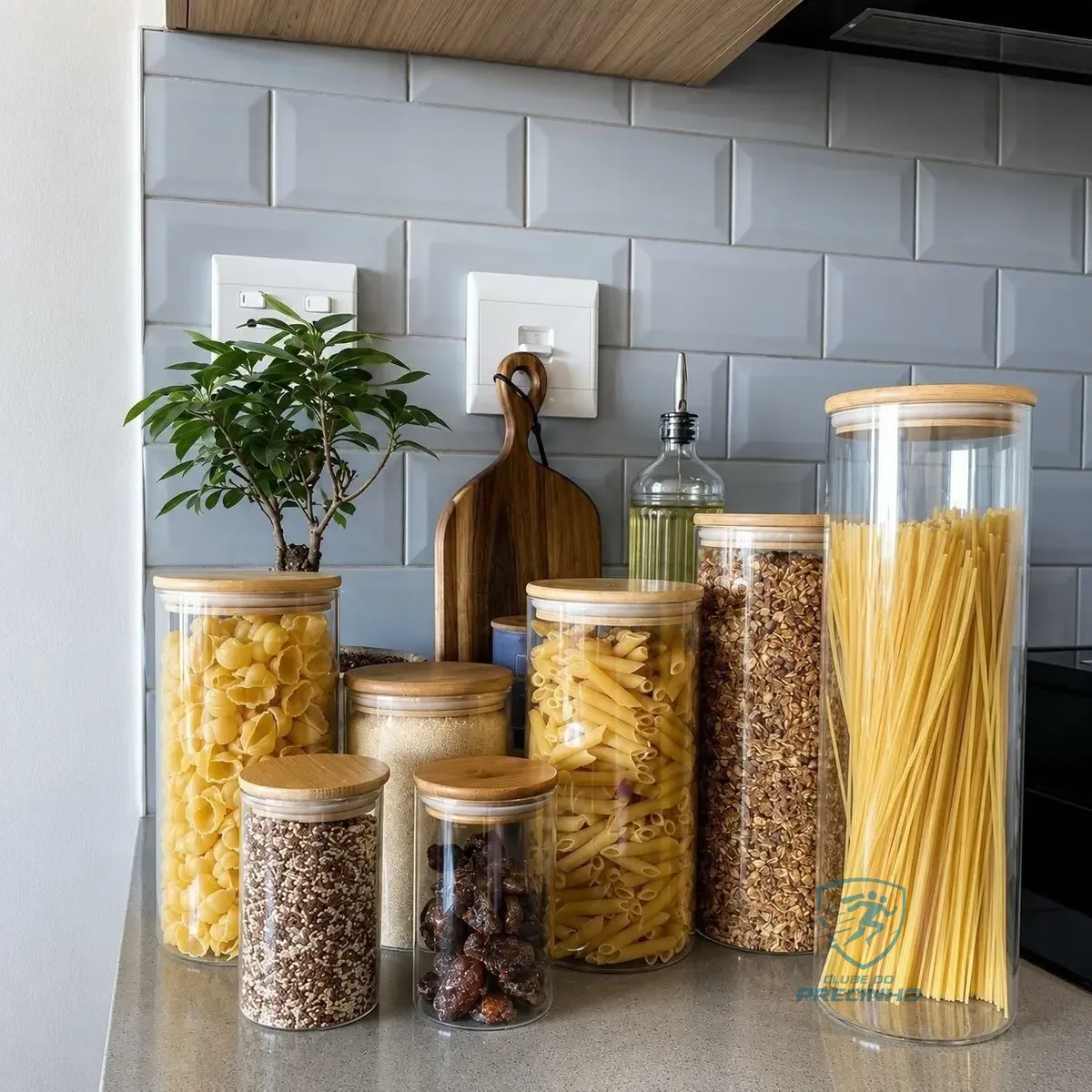 Kit 10 Potes Herméticos Vidro Tampa Bambu Seiri Para Mantimentos Cozinha Transparente