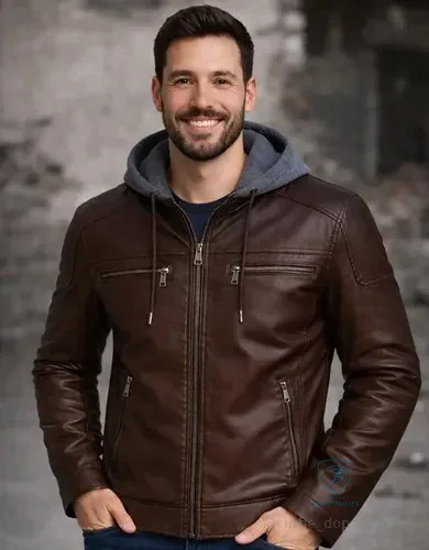 Jaqueta De Couro Masculina Preta Marrom Motoqueiro Com Capuz