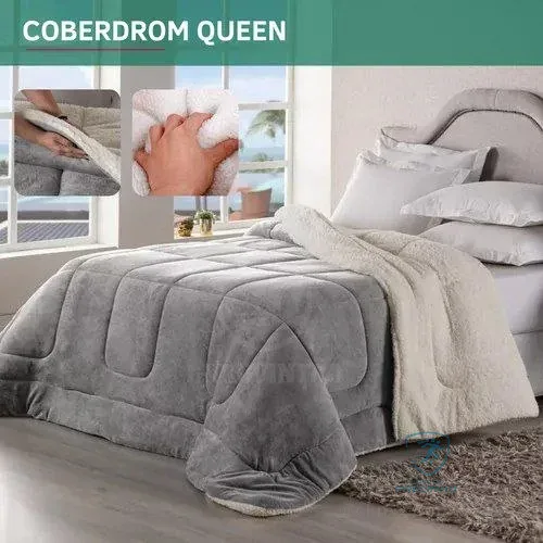 Coberdrom Casal Queen Size Sherpa Cobertor Edredom Inverno Pele Lã Carneiro Super Macio Suave Confortável Luxo Cor Cinza Liso