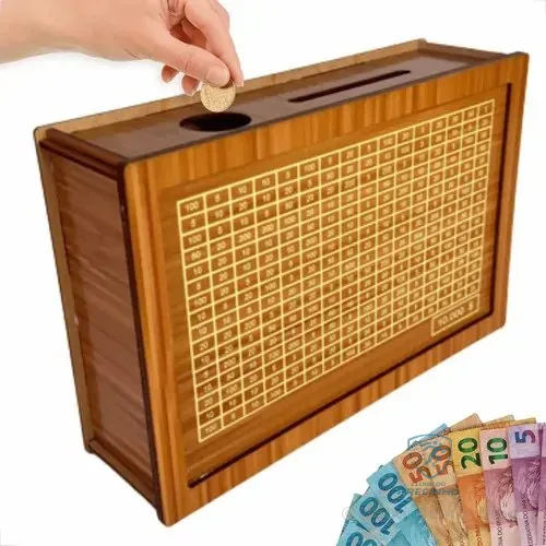 Cofre Desafio Woodbox Cofrinho 10mil 10k Metodo Japones Material Madeira Adesivado - Grupo Paraíso Mdf 10.000 Marrom-claro