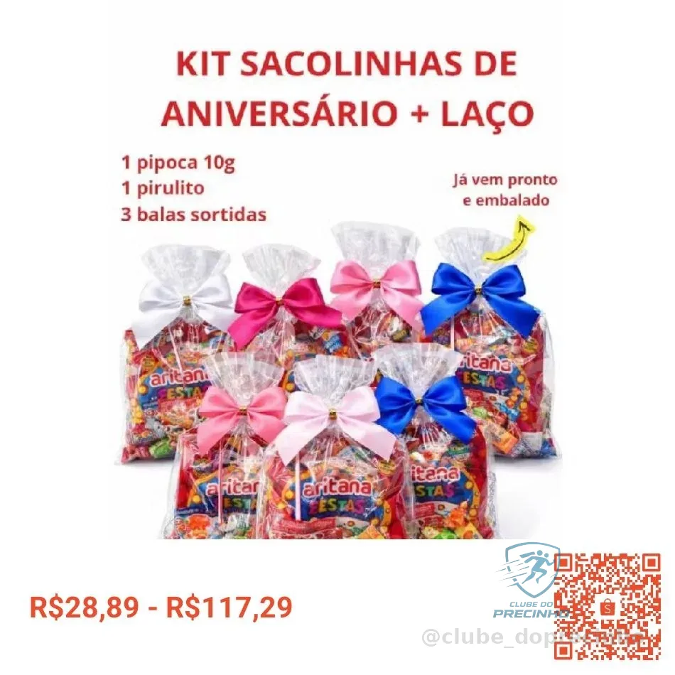 kit Saquinho Sacolinha Para Festas Com Pipoca Doce, Pirulito, Balas, com laço