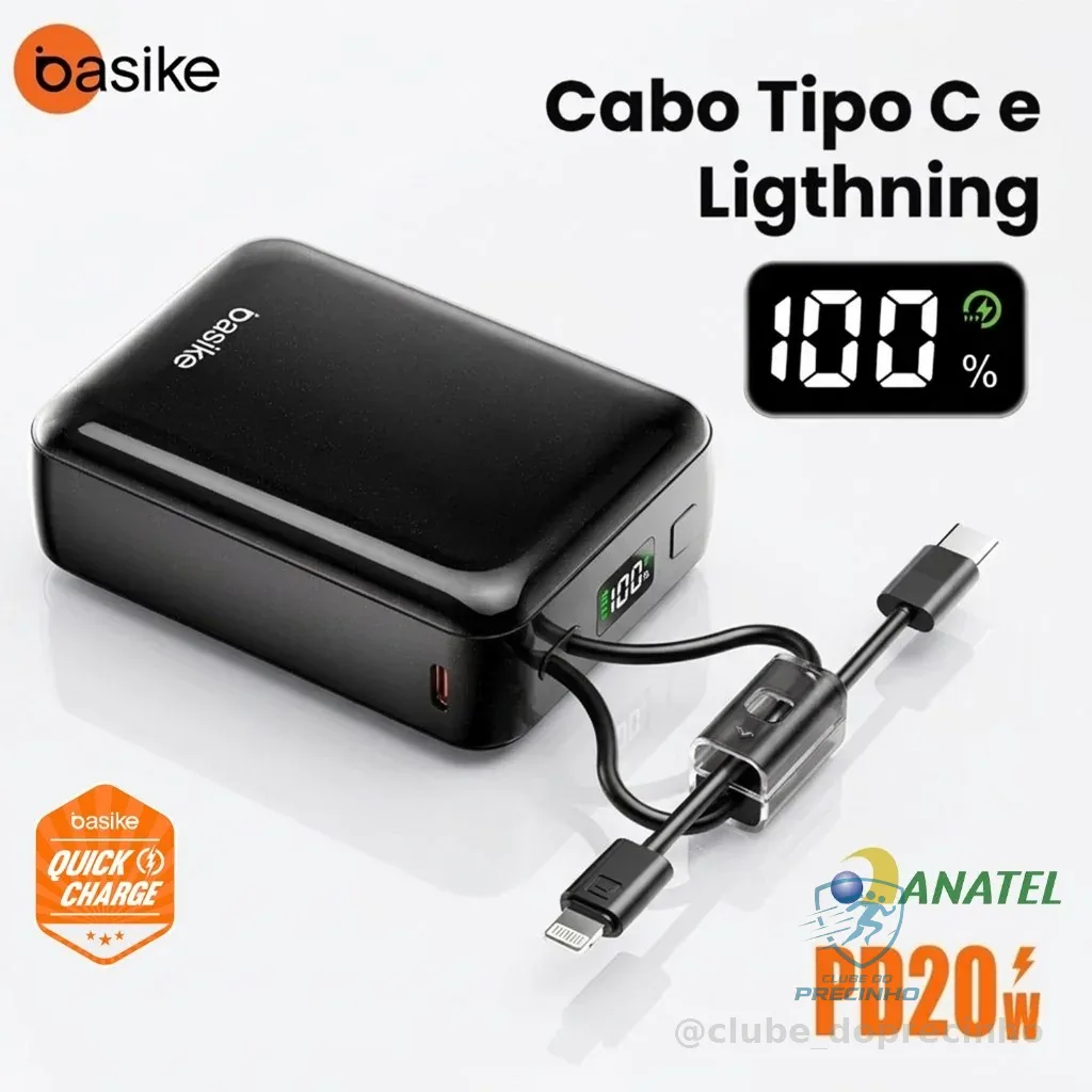 Carregador Portátil Power Bank Basike 20000mAh Turbo 20W Carga Rápida Cabo Embutido Visor LED Digital Leve