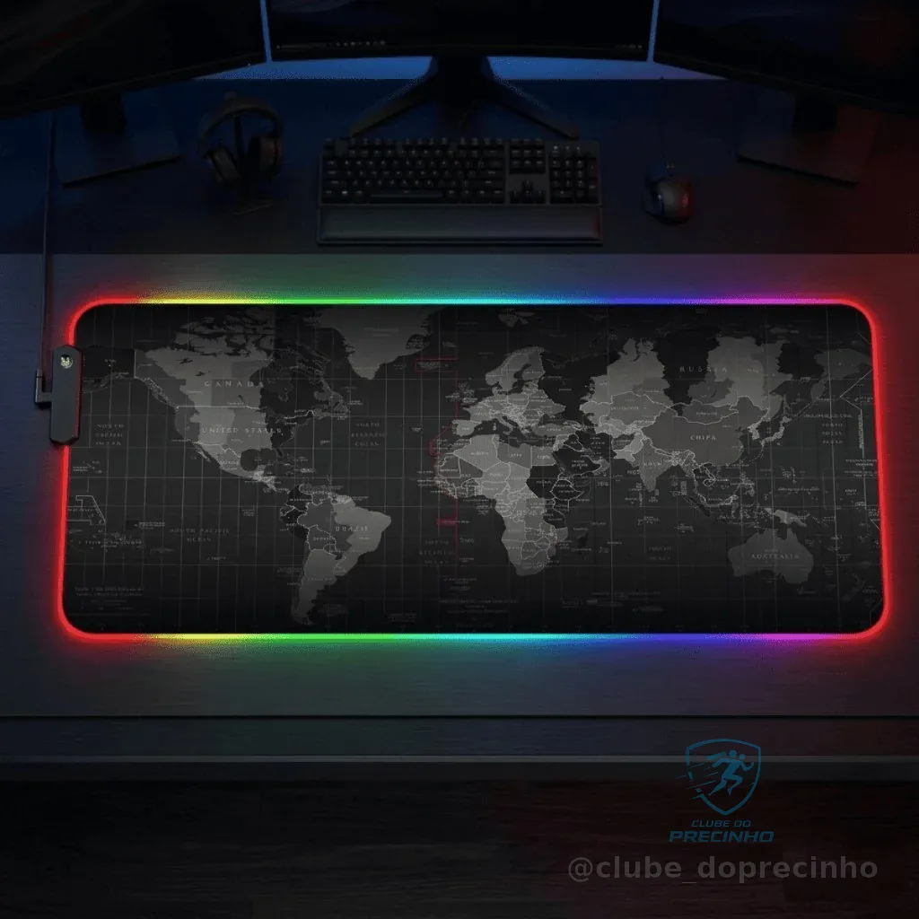Mousepad Gamer Mapa Mundo Grande Com Led Rgb 11 Efeitos Aportex 80x30 Cm