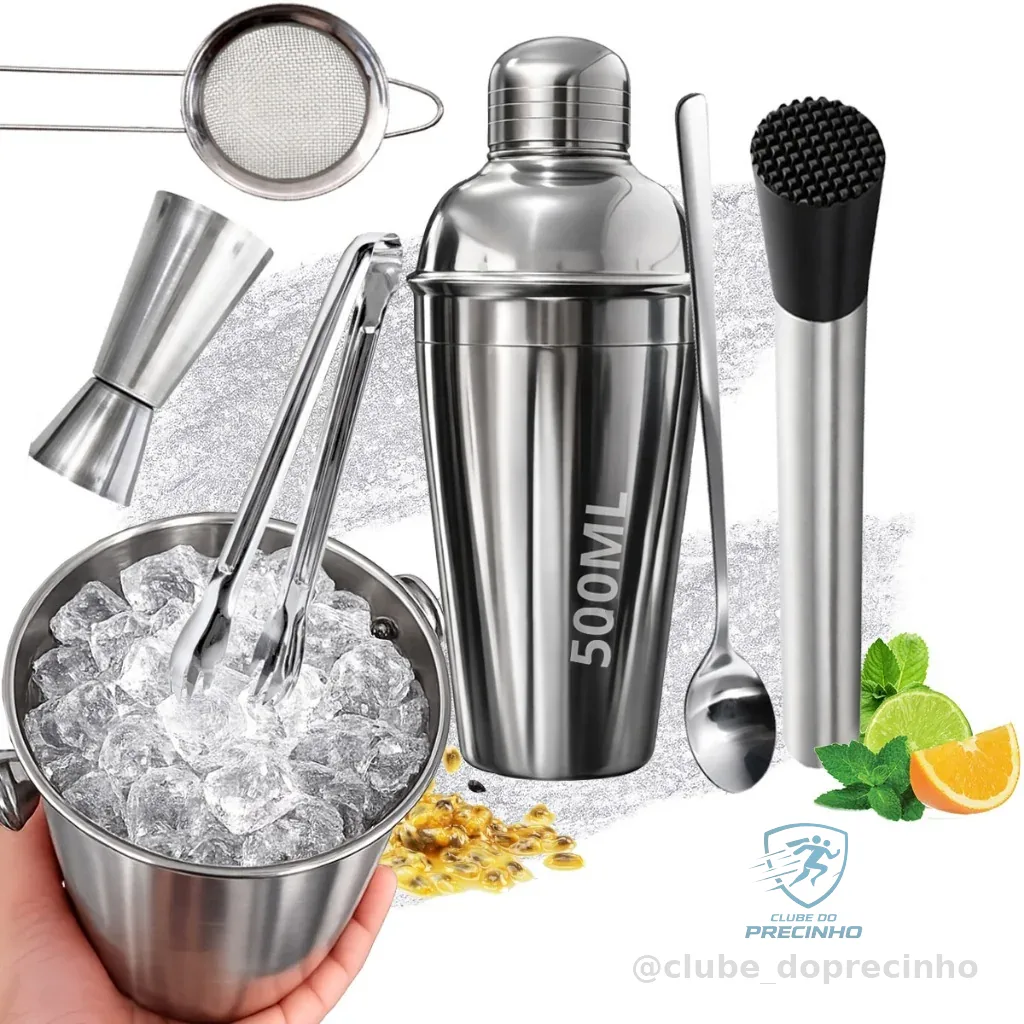 KIT Caipirinha Bartender 7 Pç Inox Coqueteira Socador Dosador Balde Colher Pegador  Peneira Completo Shopee