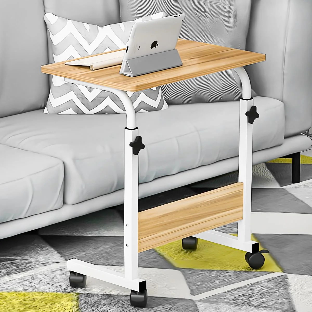 Mesa ajustável dobrável, mesa de notebook lateral com ajuste de altura (Nogueira-Básico)