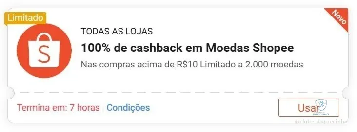 Cupom 100% Cashback Moedas Shopee