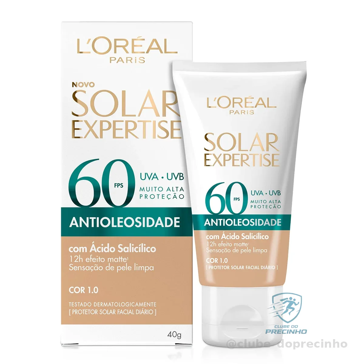 L'Oréal Paris Solar Expertise Antioleosidade, Protetor Solar Facial com FPS 60, 12h de Efeito Matte com Ácido Salicílico, Cor 1.0, 40g