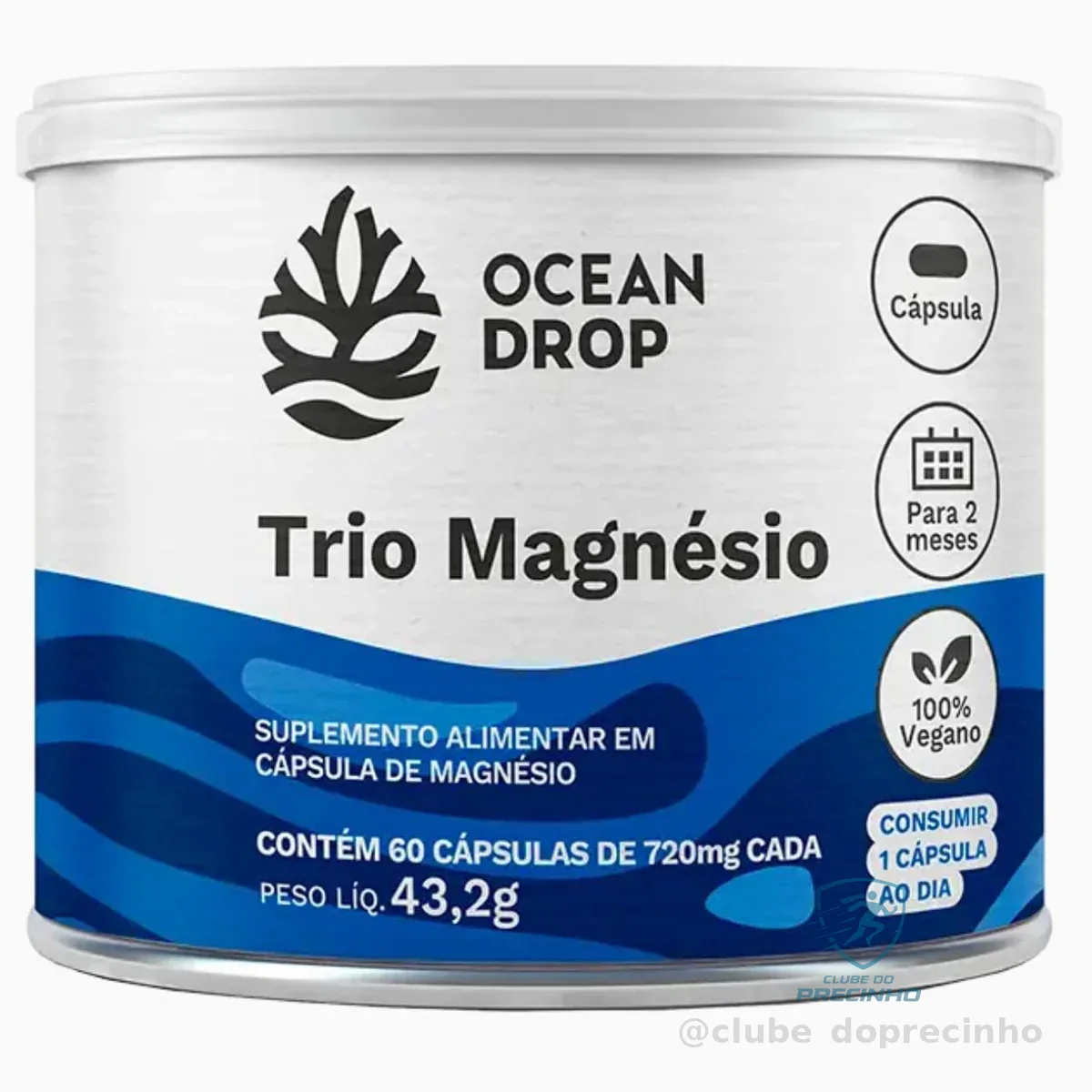 Trio Magnesio Ocean Drop 720mg por Capsula com Dimalato, Bisglicinato e Oxido de Magnesio – Suplemento Mineral Vegano Alta Concentracao 60 Capsulas Formula 3 Fontes de Magnesios