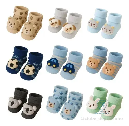 🇧🇷🇧🇷🇧🇷 Kit 03 Pares Meia Bebê Bichinho Infantil Inverno Pelúcia 3 D
