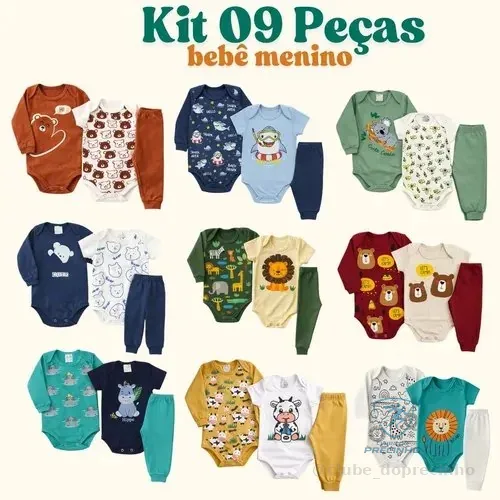 Kit 9 Peças Body Bebê Menino Algodão Inverno Manga Longa