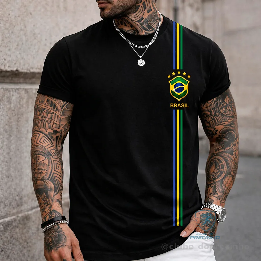 Camiseta Masculina Blusa Brasil 3 Listras T-shirt Verão Manga Curta Camisa Algodão Premium Shopee