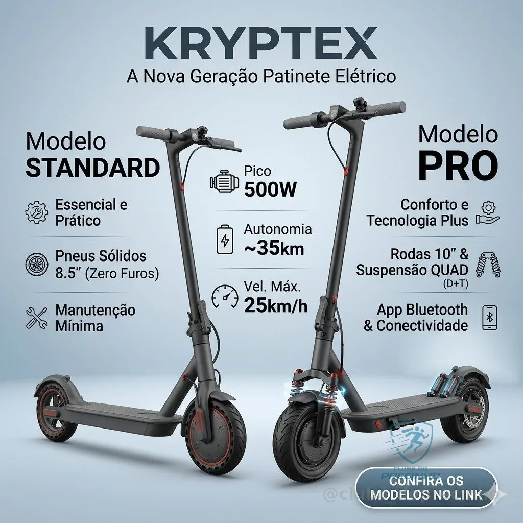 KRYPTEX Patinete Elétrico 500W 10" Pneu Cheio Duplo Amortecedor 35km App Bluetooth Dobrável