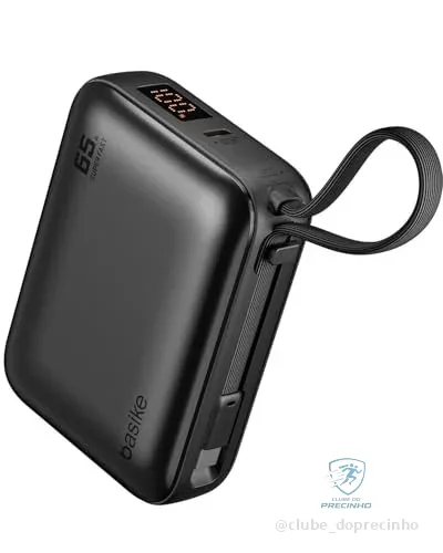 Basike Power Bank 65W, Carregador Portátil Universal 20000mAh, USB-C + Cabo Type-C Integrado e Removível, Carregamento Rápido PD/PPS para Samsung Séries S26-S21 e iPhone Séries 17-14 – Cinza