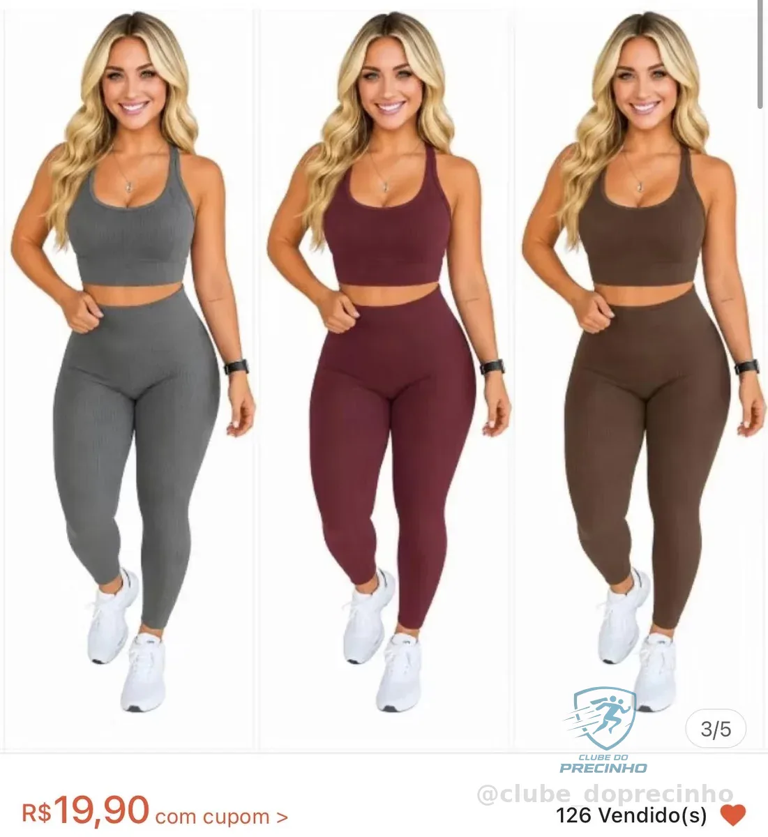 Conjunto Fitness Feminino Canelado Sem Costura - Top + Legging Alta Compressão Shopee