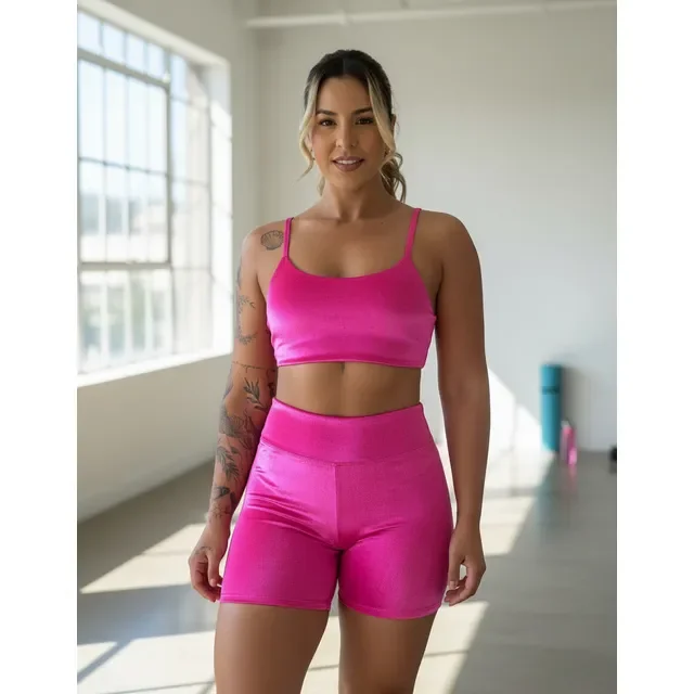 Conjunto Fitness Virginia Top Shorts Meia Coxa Cintura Alta