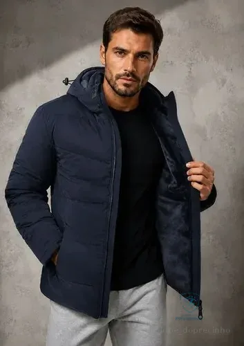 Jaqueta Puffer Masculina Térmica Com Capuz Forro Interno Azul-marinho G Lisa