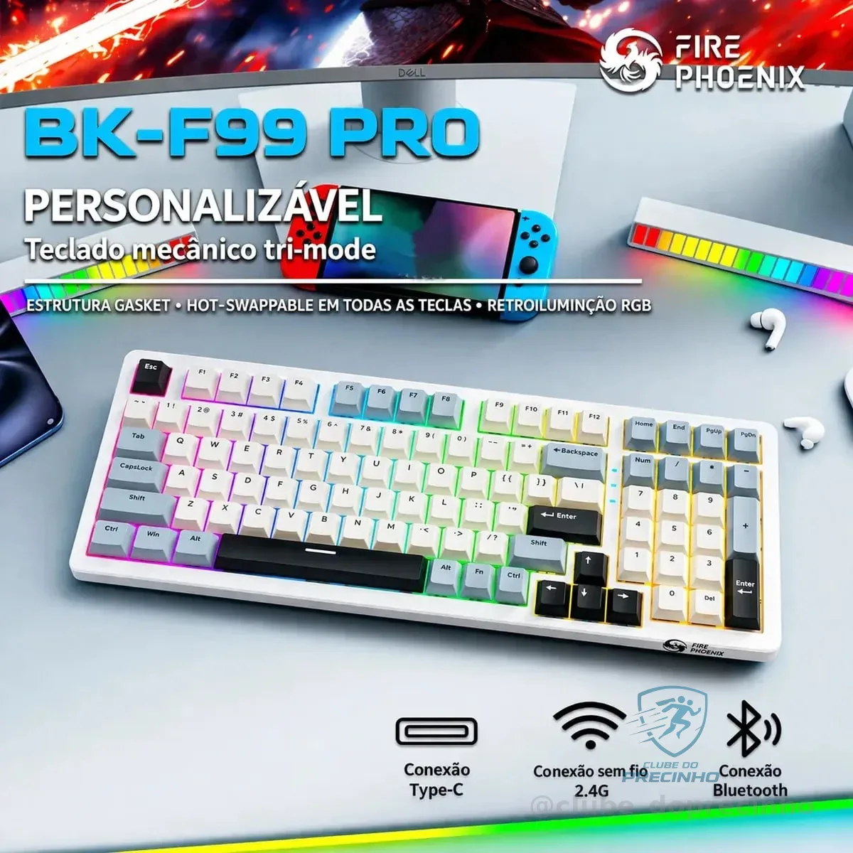 Teclado Mecânico Gamer Sem Fio Bluetooth Tri Mode Fire Phoenix BK-F99 Pro Mercado Livre