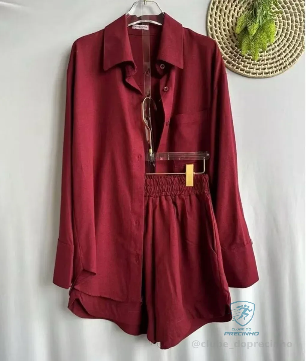 Conjunto feminino em linho leve - camisa manga longa e short Shopee
