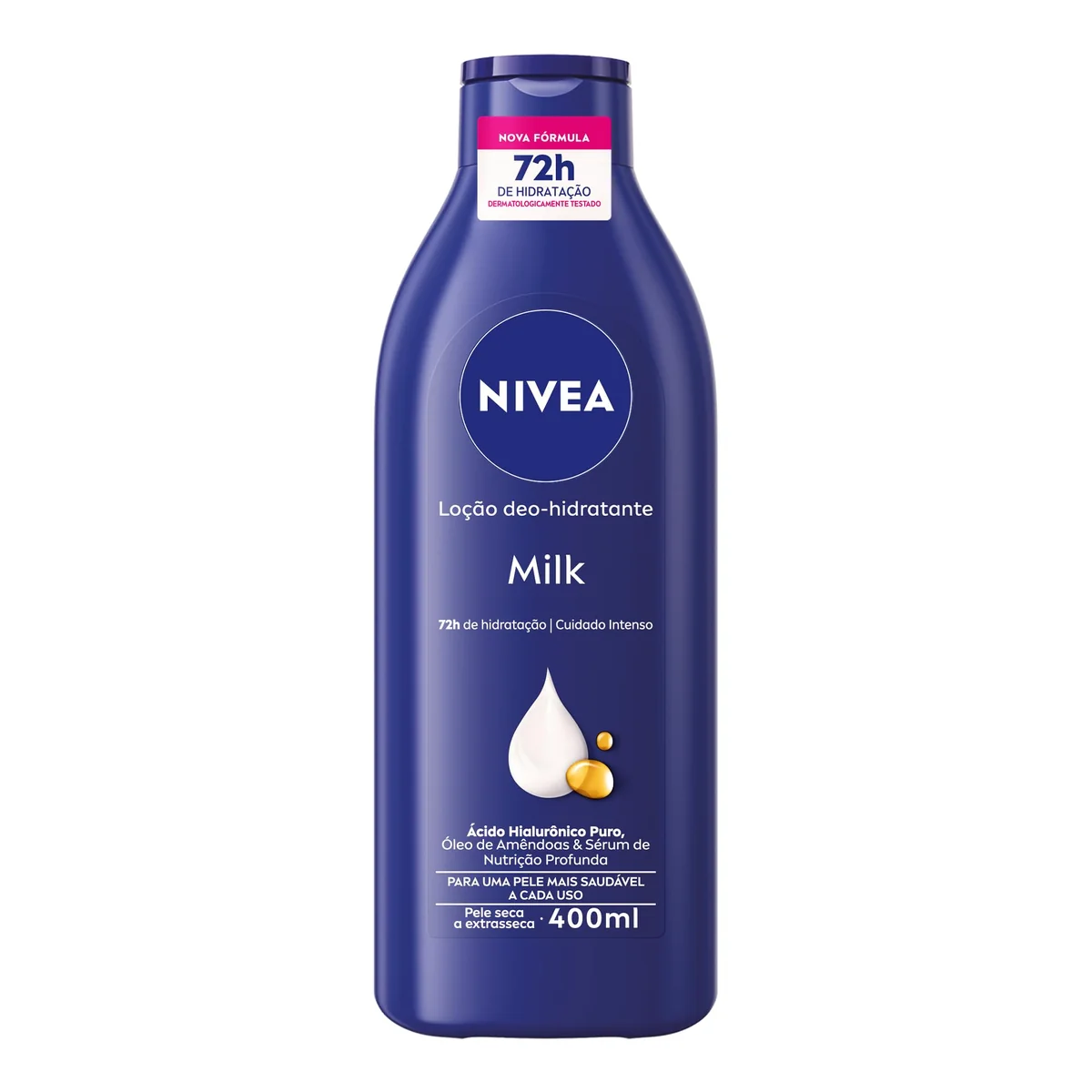NIVEA Loção Deo-Hidratante Milk 400ml, Hidratação Profunda 72h, Hialurônico Puro, Corporal, Pele Seca e Extrasseca