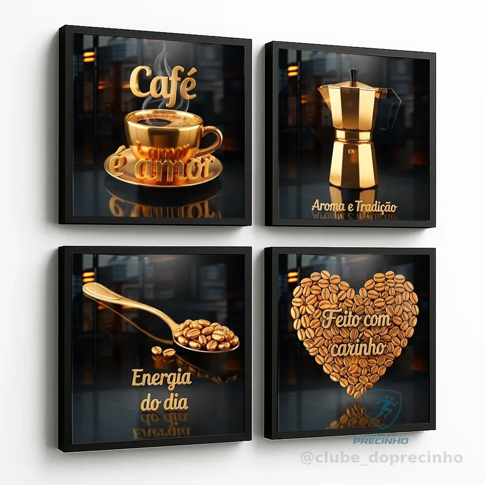 Kit Quadros Decorativos 4 peças Cantinho do Café Preto e Dourado Moderno 20x20 Energia Shopee