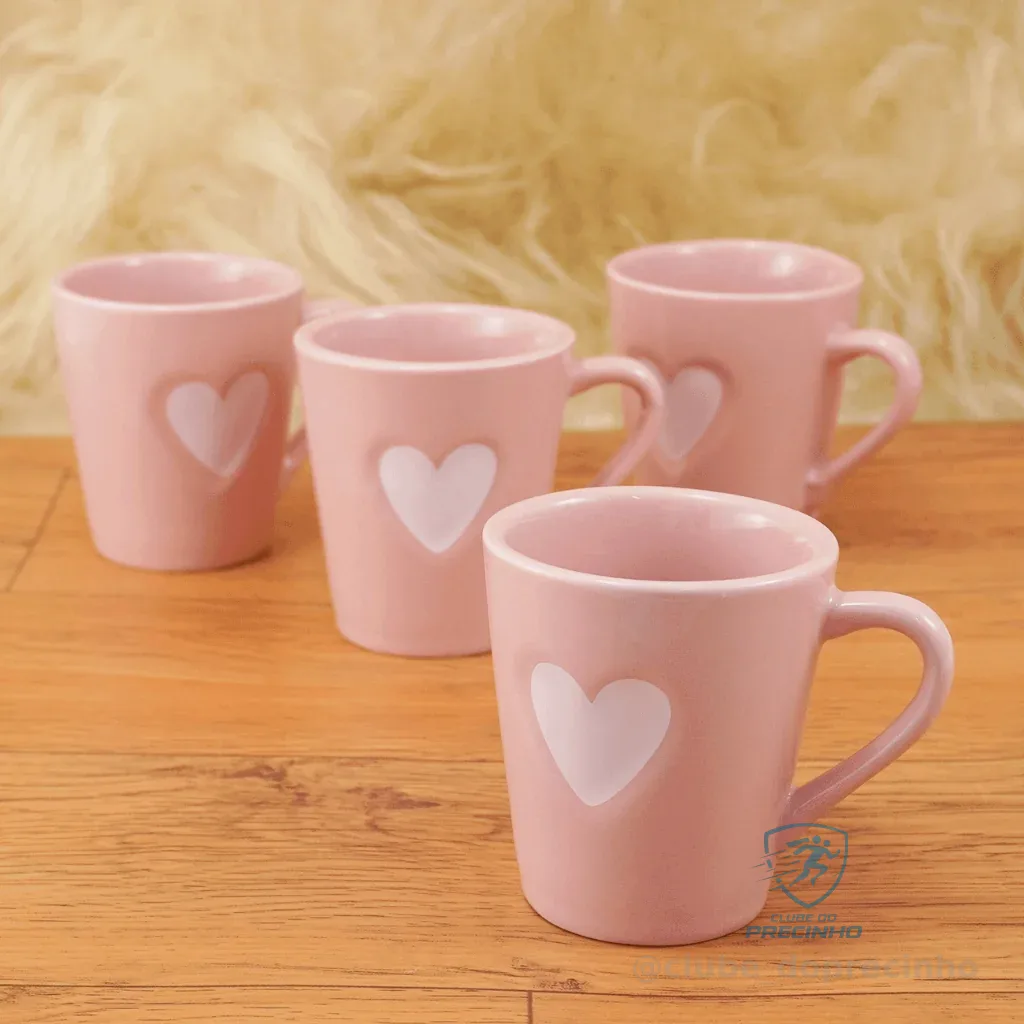 Kit 4 Xicaras Canecas Chá Café Porcelana 120 ml Rosa Coração Relevo Branco Shopee