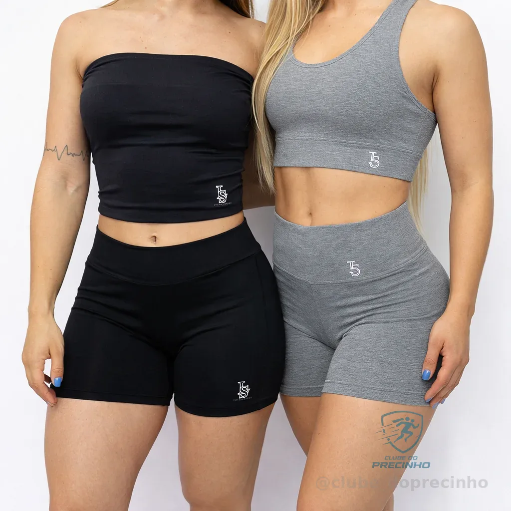 Conjunto Feminino Top e Short Cintura Alta - Cinza e Preto Treino e Academia Shopee