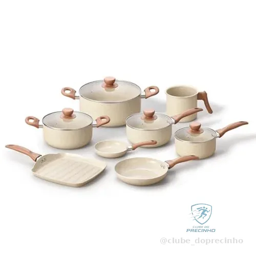 Oikos - Jogo com 8 Panelas Antiaderentes de Revestimento Cerâmica com Tampa de Vidro Terrara Bege com 5 Camadas para Fogão a Gás, Elétricos, Cerâmicos e Halogênio