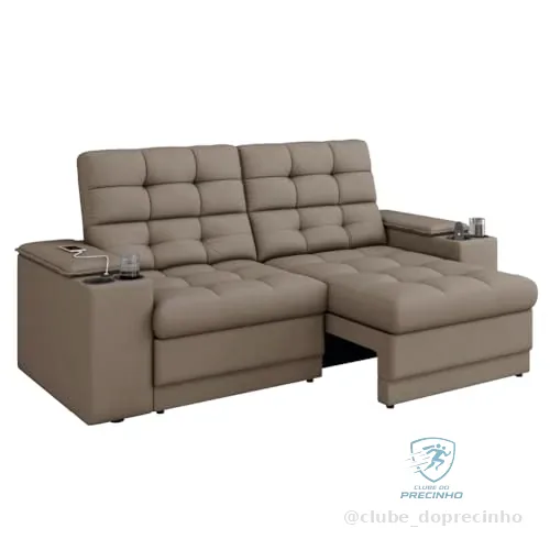 Sofá Retrátil e Reclinável 2,05m 3 Lugares Com Porta Copos Entrada USB Kansas Veludo Cinza Luizzi (Cappuccino)