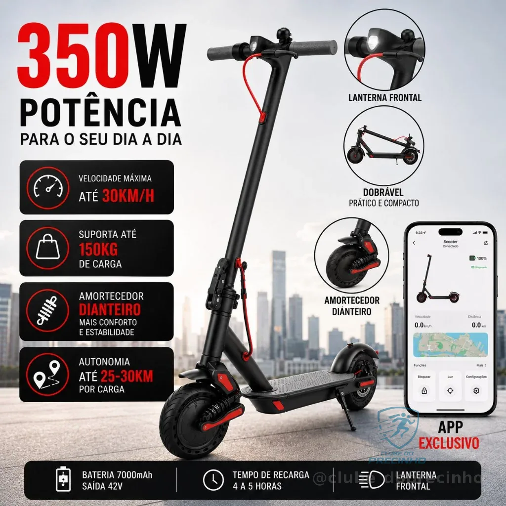 Patinete Elétrico 350W com Amortecedor e App GPS Bateria Recarregável Dobrável Super Autonomia para adultos até 150kg