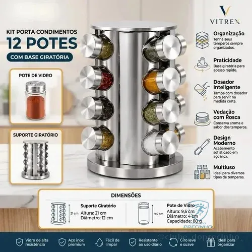 Kit Porta Temperos Condimentos Vitrex 12 Unidades Em Vidro E Inox Com Base Giratória