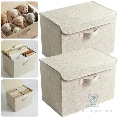 Kit 2 Caixa Organizadora Dobrável Com Tampa Linho Bege Linho