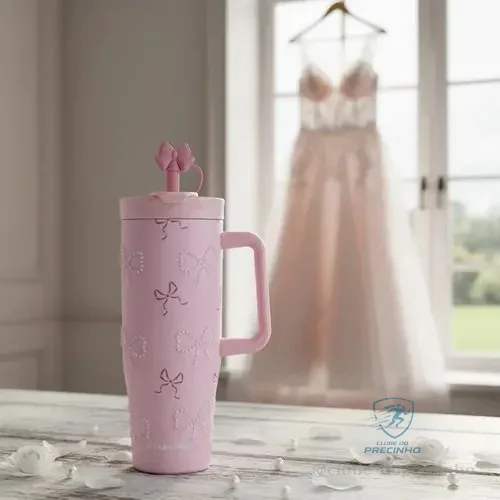 1200ml Garrafa Térmica Com Canudo, Coleção Pérolas E Laços Laço No Vestido De Noiva Rosa