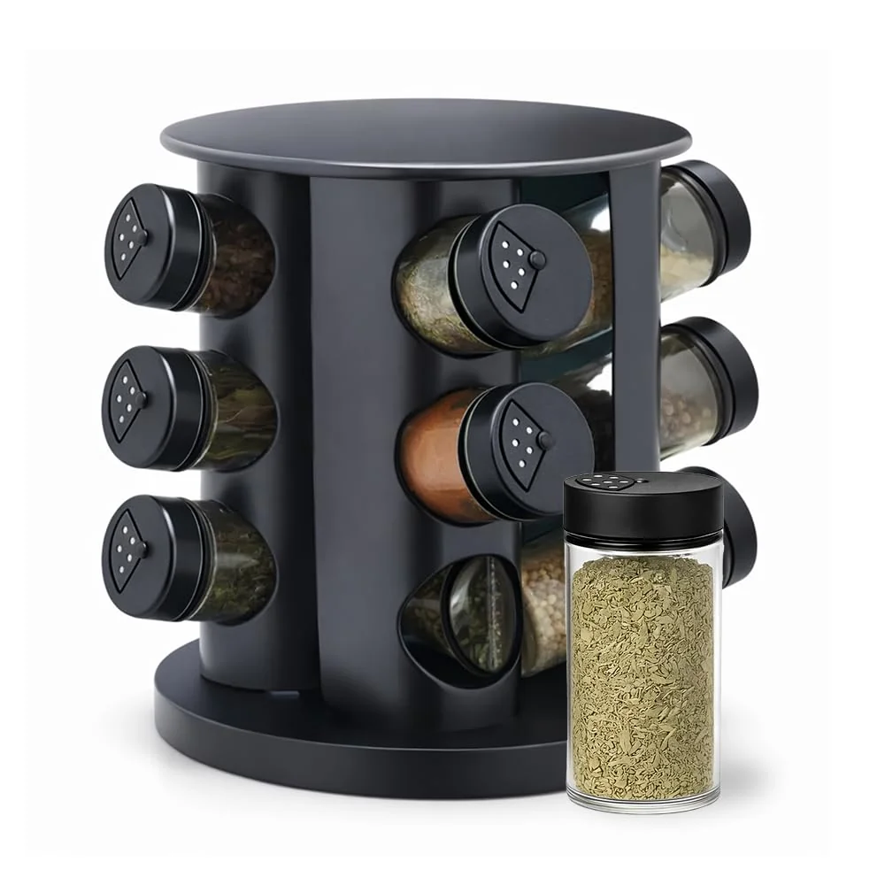 Porta Tempero Condimentos Giratório Preto Com 9 Potes 85ml Para Armazenamento De Temperos e Especiarias Resistente Premium