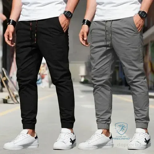 Kit 2 Calça Jogger Sarja Masculina Slim Jeans Sarja 4 Bolsos Preto - Cinza Liso P