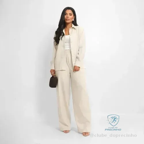 Conjunto Feminino Linho Calça E Camisa Manga Botões