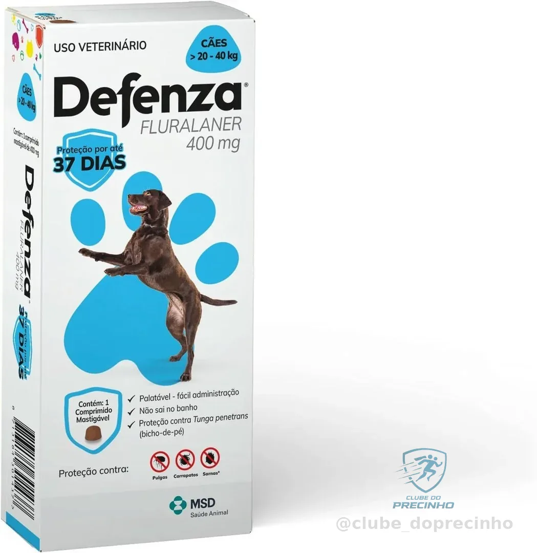 Defenza® 400mg - Antipulgas, Bicho-de-Pé, Carrapatos e Sarnas - Cães de 20 a 40kg - 1 Comp. Mastigável - MSD Saúde Animal