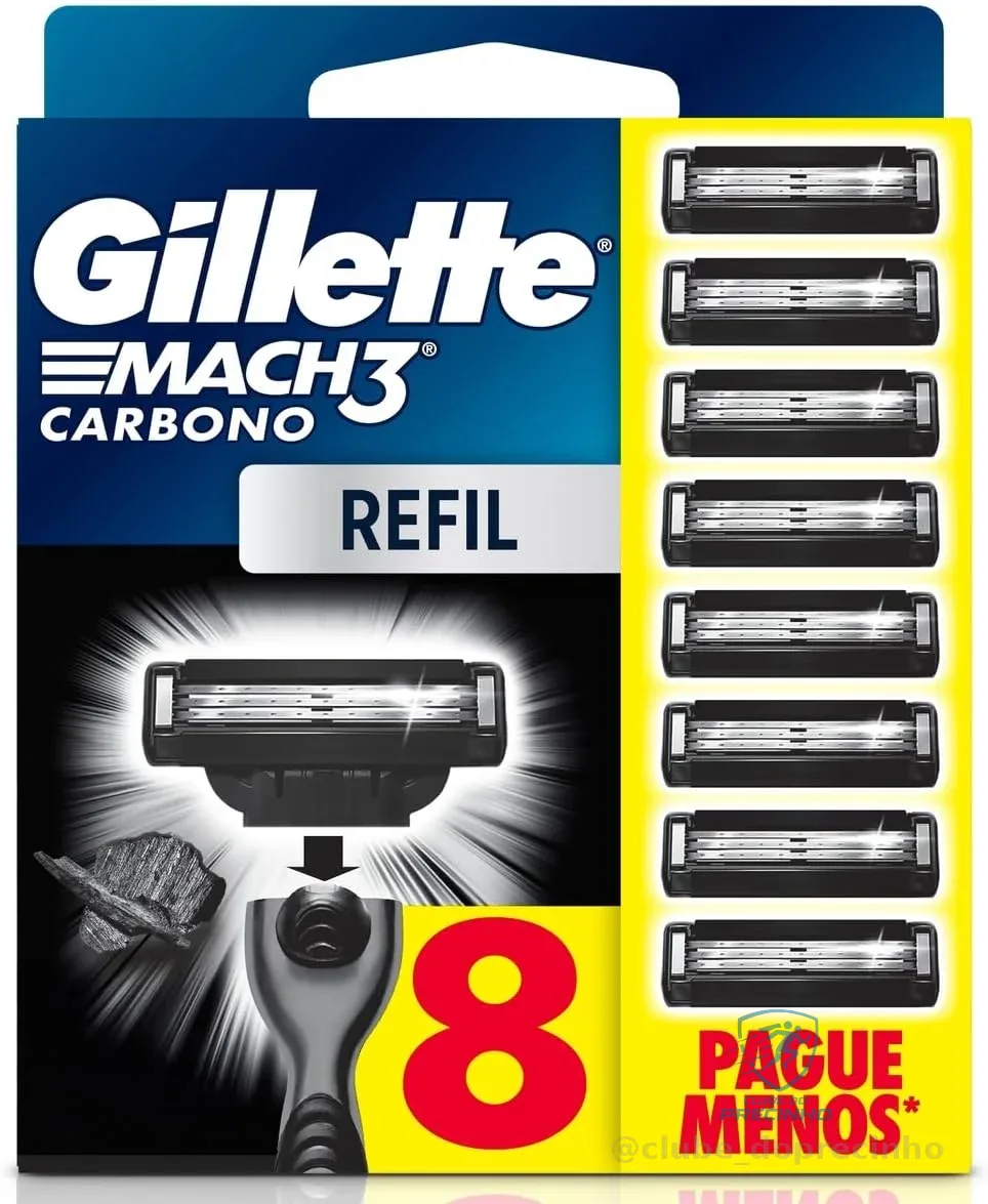Gillette Mach3 Carbono Carga para Aparelho de Barbear com Carvão 8 Unidades