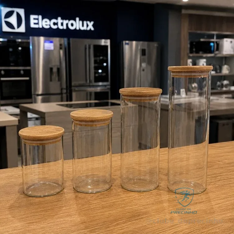 Electrolux Kit 4 Potes de Vidro Herméticos Porta-Mantimentos com Tampa de Bambu, Tampa Vedação de Silicone, Organizadores de Cozinha e Despensa, Transparente, Porta Alimentos, Grãos e Cereais