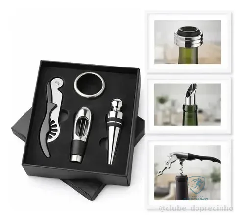 Kit Vinho 4 Peças Aço Inox Vbs Brasil Abridor Garrafa Manual Tipo Saca Rolhas Bico Dosador Tampa Anel
