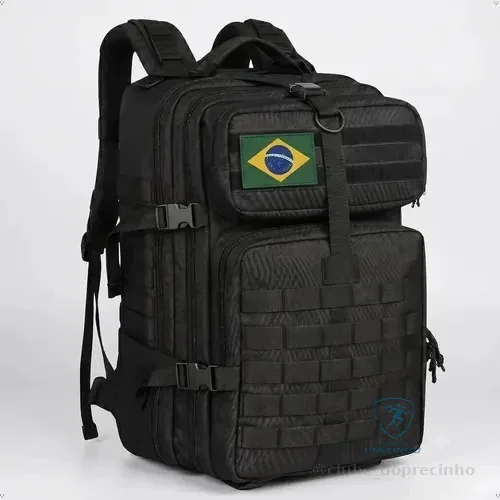 Mochila Tática Militar 50l Masculina Reforçada Impermeável Viagem Camping Pesca Com Patch Bandeira Brasil Bagear Preto Liso