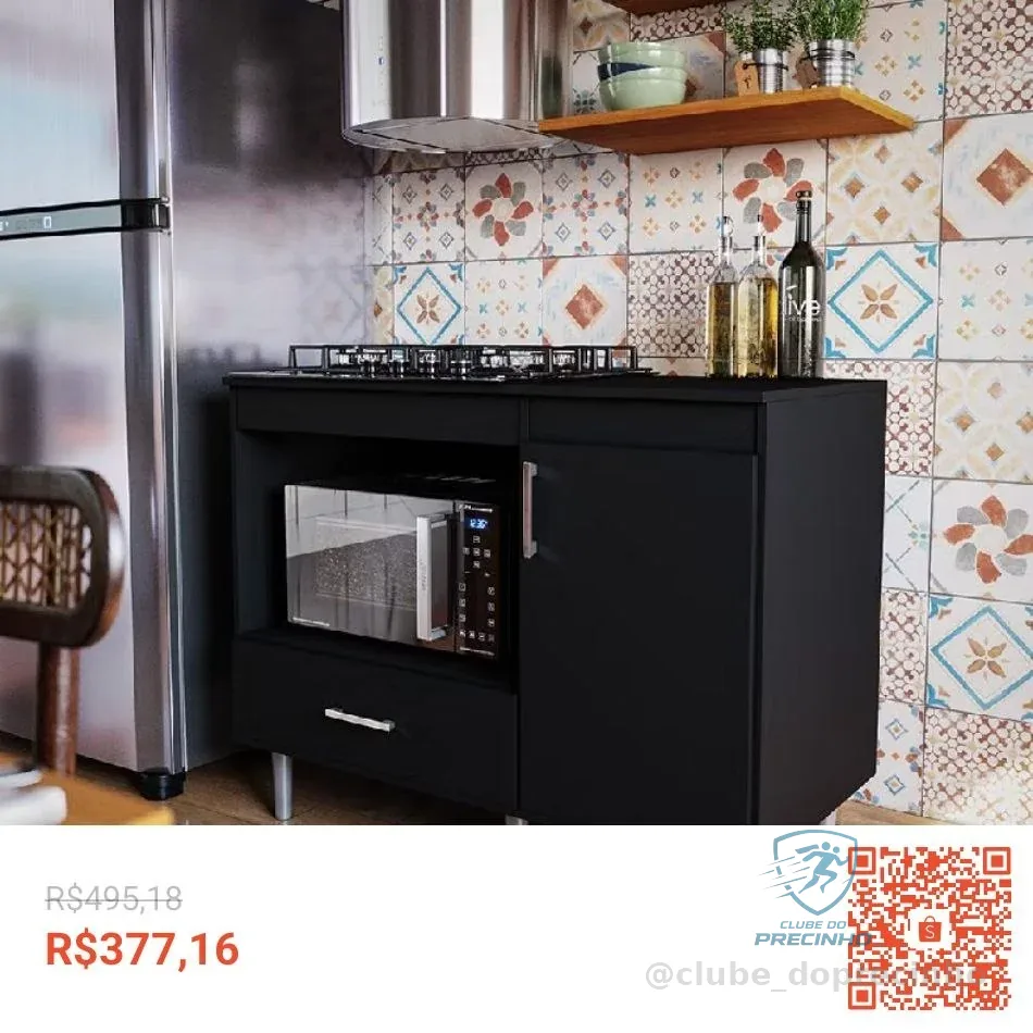 Balcão Para Cozinha Cooktop 1,05m 5 Bocas 1 Nicho Com 1 Porta E Gaveta Turim Preto - Lojas Movelove