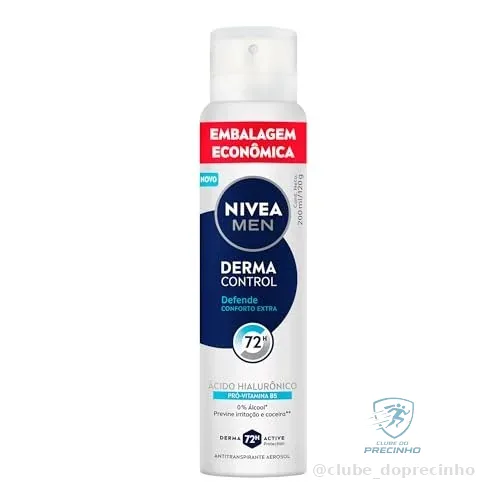 NIVEA MEN Desodorante Antitranspirante Aerossol Derma Control Defende 200ml, Proteção 72h, Previne Irritações, Ácido Hialurônico, Conforto Extra
