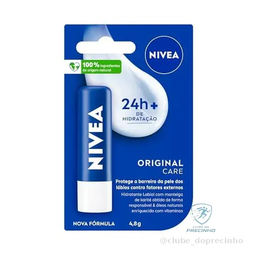 NIVEA Hidratante Labial Original Care 4,8g, Hidratação Intensa 24h, Protege contra Ressecamento, Cuidado Diário, Manteiga de Karité
