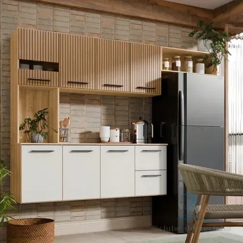 Armário De Cozinha Completa Aéreo 7 Portas E 2 Gavetas Planejada Suspenso Branco Off White Ripado Carvalho Nature Amadeirado Juliana Off Ripado