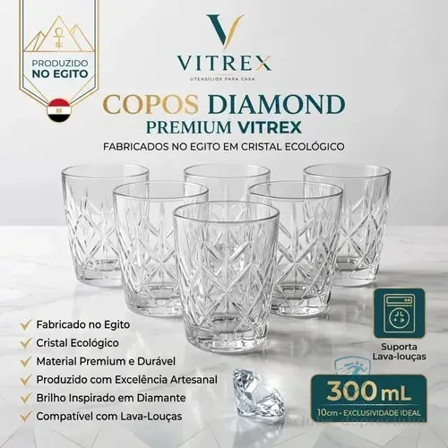 Jogo 6 Copos Diamond Egipcio 300ml Vidro Grosso Diamante Luxo Transparente Vitrex