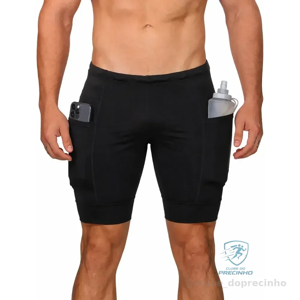 Bermuda Masculina Compressão Para Corrida Com Bolso Lateral Preto