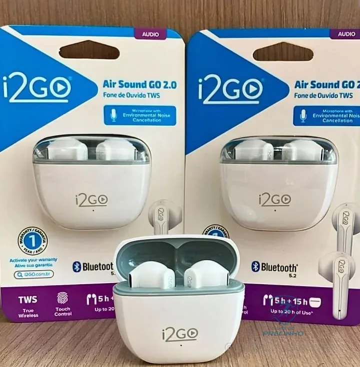 I2GO, Fone De Ouvido, TWS, Bluetooth, 20 Horas totais de Bateria, ENC, Air Sound Go 2.0, Branco, i2GO PRO