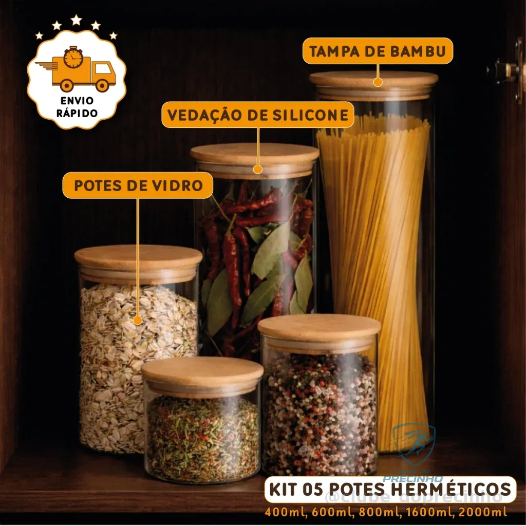 Kit 5 Potes Herméticos Vidro Tampa Bambu Condimentos Organizador Temperos Alimentos Porta Mantimento Shopee