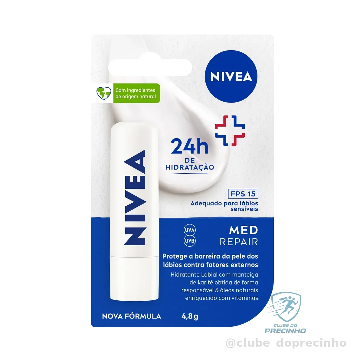 NIVEA Protetor Labial Med Repair FPS15 4,8g - Hidrata e regenera os lábios ressecados e machucados, com Vitamina E e óleos naturais, proporciona reparação intensiva e alívio imediato