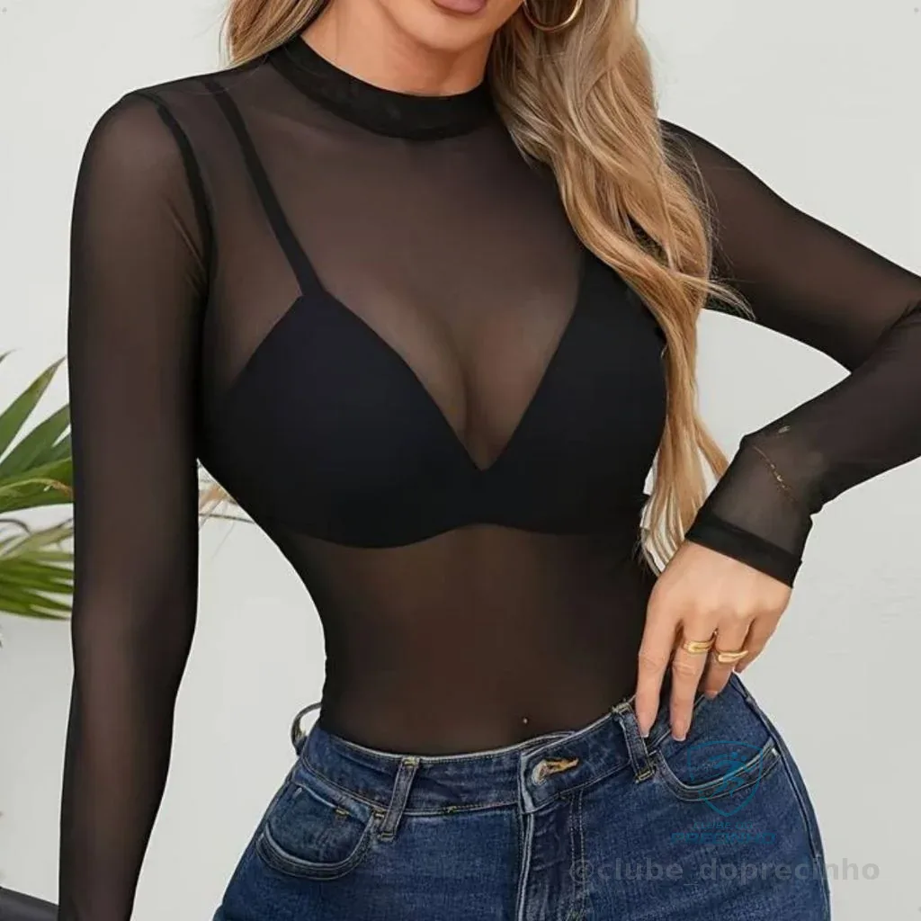 Blusa  feminina  Blusinha manga longa transparente gola alta Casual Shopee